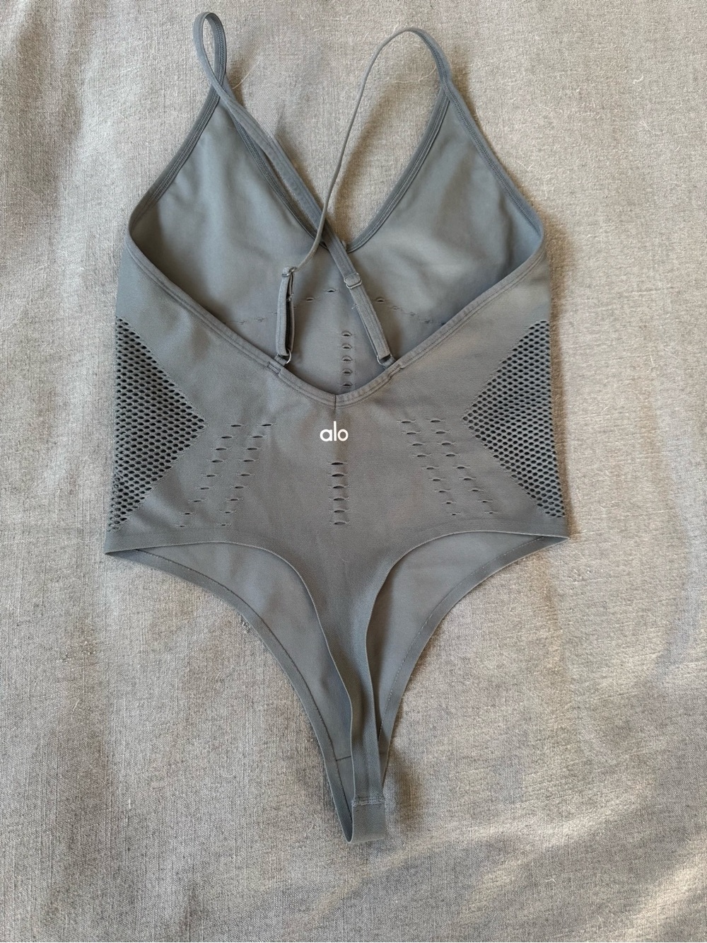 ALO Yoga Olive Green Perforated Bodysuit with Cross-Back Straps - Picture 3 of 8